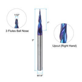 sourcing map Tapered Ball Nose End Mill CNC Router Bit, 1/64" Radius 1/4" Shank Solid Carbide Nano Coated Upcut Spiral 2 Flutes Cutter Milling Tool, 1/32" Dia 3" Total Length