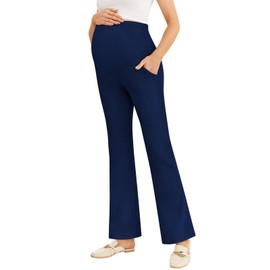 FMEYOA Women's Maternity Pants Casual Adjustable High Waist Flare Leggings Stretchy Pregnancy Trousers with Pockets Navy Blue