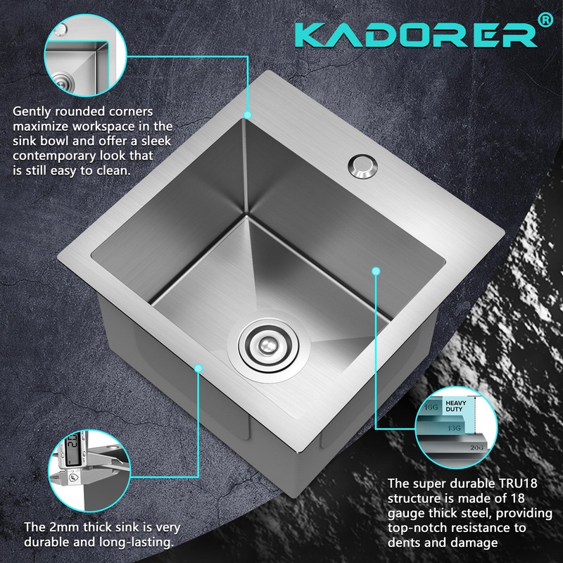 15 x 15 Inch Drop In Kitchen Bar Sink, Stainless