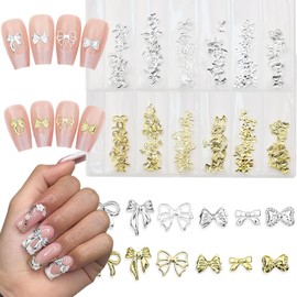 400Pcs Bow Nail Charms 3D Alloy Bow Nail Art Charms Gold Silver Bows Rhinestones for Nails-Metal Bowkont Y2K Nail Jewelry Gold Nail Supplies for Women Acrylic Nails DIY Craft Accessories