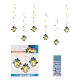 Despicable Me Birthday Party Supplies Bundle includes 6 Hanging Swirl Party Decorations 36" Long and 1 Dinosaur Sticker Sheet