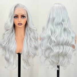 UGORGEOUS Glueless Natural Hairline 13×6 HD Lace Front Wigs Pre Layered Body Wave Synthetic lace front Wigs for white women Pre Plucked 26 Inch Tiny Knots Lace Wigs Wear and Go Light Grey