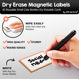 Attractivia Dry Erase Magnetic Labels 2.8 x 1.8 in, with Color Borders, Small Dry Erase Magnets, 40-Pack, White Erasable Write-On Labels, Multipurpose for Office, Education, Home, Whiteboard
