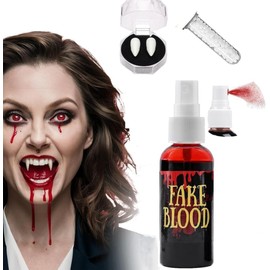 Maquillaje de Halloween Sangre Falsa + 15MM Dientes de Vampiro, Pintura Corporal Sangre Falsa Lavable para Cosplay Party Props Fiesta de Halloween Maquillaje de SFX Cosplay