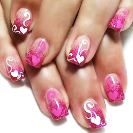 Rose Red Love Heart Acrylic Fake Nails 24Pcs Valentines Press on Nails Short Square Glossy Red Glitter False Nails White Vine Stick on Nails Romantic Gift Gel Glue on Nails for Coquette Women Girls