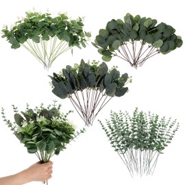 100pcs 4 Kinds Mixed Faux Eucalyptus Stems, Bulk Silver Dollar Artificial Eucalyptus Stems Green Faux Greenery Stems for Wedding Vase Bouquets Floral Arrangements