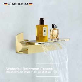 Waterfall Tub Faucet Wall Mount Tub Filler Brushed Gold, Bathtub Wall Faucets Brass, Bathroom Sink Faucet High Flow, 2 Handles, Wide Spout, Standard US 1/2 NPT - JIAENLEMA