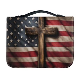 Biyejit American Flag Bible Case Covers PU Leather Bible Carrying Holder Bag with Handle and Zipper Pocket Study Bible Case for Women Men Patriotic Fourth of July Holy Bible Bag