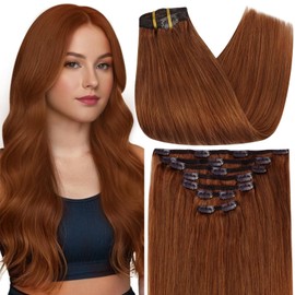 Full Shine Clip in Hair Extensions Real Human Hair Auburn Red Hair Extensions Clip ins Invisible Human Hair Clip in Extensions Straight Remy Hair 14 Inch