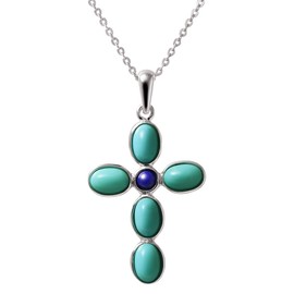 Franki Baker Dainty AA Quality Turquoise & Lapis Lazuli Cross Pendant Necklace 925 Sterling Silver. Chain Length:56cm