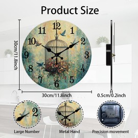 CHGCRAFT Vintage Birdcage Wall Clock 12 Inch Flowers Clock Battery Operated Silent Non Ticking Bird Round Decorative Clocks for Home Office Decoration