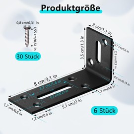 Angle Slotted Hole, Pack of 6 Black Metal Brackets, Mounting Brackets, Adjustable Mounting Angle with Slot Hole, Mounting Angle 90 Degrees, Angle Connector for Table, Chair, Bookshelf (80 x 40 x 30 mm
