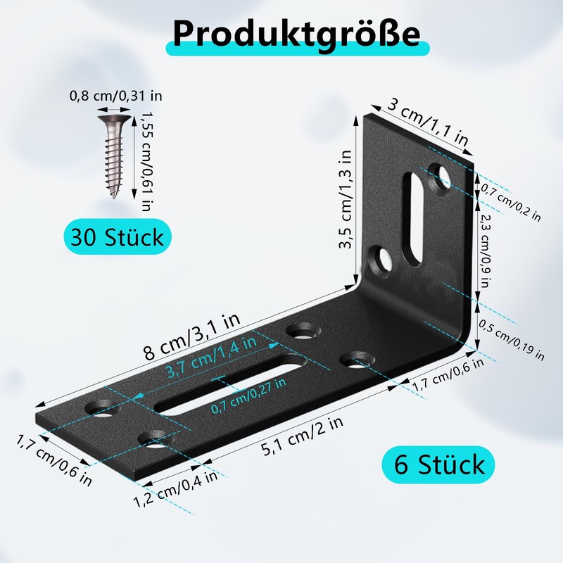 Angle Slotted Hole, Pack of 6 Black Metal Brackets, Mounting