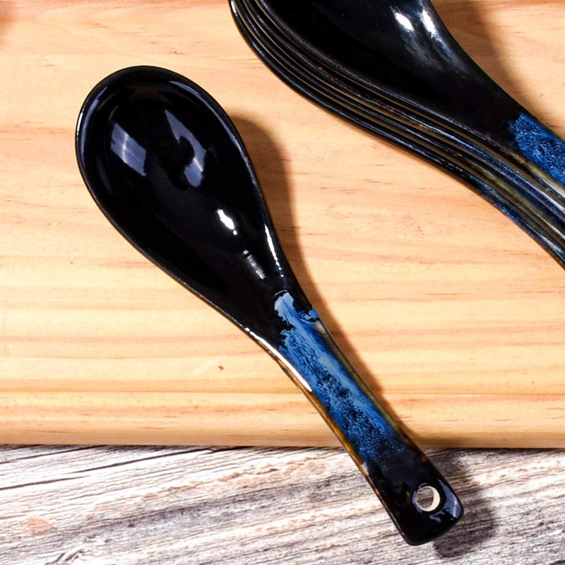 Japanese Soup Spoon set of 5, Blue and Black Vintage