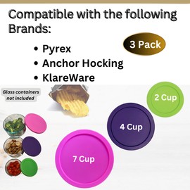 2, 4 & 7 Cup Spring Green, Purple, Pink Replacement Lids/Covers for Pyrex, Anchor Hocking & KlareWare Storage Bowls *Lids Only Glass Container Not Included* (3 Pack *One of Each Size*)