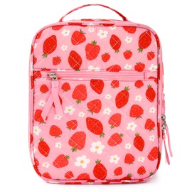 Aileam Lunch Box for Women Cute Strawberry Lunch Bag Quilted Reusable Insulated Lunch Box Aesthetic Lunch Tote Bags Floral Cotton Lunch Case for Travel Work Picnic (Pink Strawberry Flower)