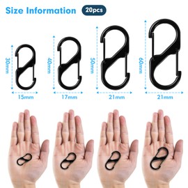 Yuerme 20 Pcs S Carabiner Clip, 4 Sizes Dual Spring Small Carabiner Clips 30/40/50/60mm Black Mini Carabiner Clips, Carabiner Keyring Clip for Camping, Key Chain, Traveling