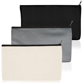 Pack of 3 Cotton Canvas Bags with Zip, Travel Toiletry Bag, Fabric Pencil Case, Cosmetic Bags with Zip, 21 x 12 cm (Black + Grey + Beige)