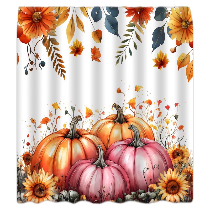 CWHCWA Fall Shower Curtain Watercolor Pumpkin, Pink Orange, 70" W