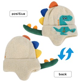 KAKU NANU Baby Hats Winter Beanie Bobble Earflap Hat Toddler Dinosaur Hat Warm Beige Fleece for Baby Boys and Girls 6-12 Months 1 2 3 Years