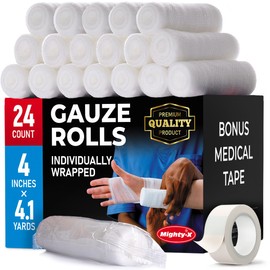 Mighty-X Gauze Rolls - 24 Pack - 4" x 4.1yd Breathable Rolled Gauze - Individually Wrapped with Bonus Tape - First Aid Conforming Stretch Wrap for Wounds