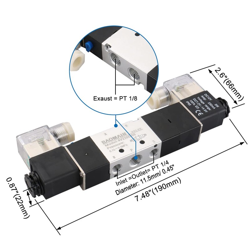 Baomain Pneumatic Solenoid Air Valve 4V230E-08 12VDC 5 Way 3