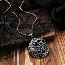 TURTLEDOVE Sun Moon Viking Necklace - Stainless Steel Evil Eye Crescent Moon Celtic Pendant - Lucky Amulet Moon Jewelry