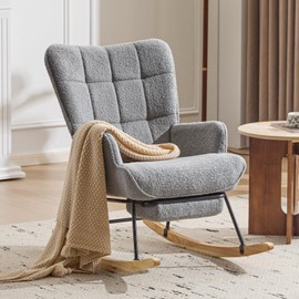 Furniliving Nursery Rocking Chair Upholstered Glider Rocking Chair Modern Accent Chair with Retractable Footrest Reading Chair with High Backrest Comfy Chair for Living Room, Grey, Teddy