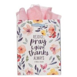 Christian Art Gifts Medium Portrait Inspirational Scripture Gift Bag, Tag & Tissue Wrapping Paper Set for Women: Rejoice, Pray & Give Thanks Bible Verse, Satin Ribbon Handles, White/Multicolor Floral