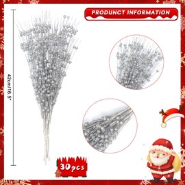 FASHOOKIN 30-Pack Christmas Picks and Sprays Silver Artificial Glitter Berry Stems Branches Twigs Sticks Sprigs Christmas Tree Decorations, Ornaments for Garland, Wreath, Flowers and Tree Topper