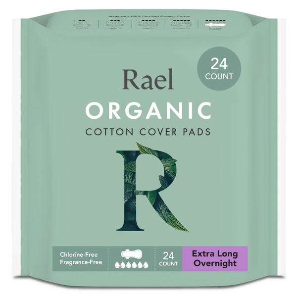Rael Pads for Women, Organic Cotton Cover - Period Pads with Wings, Feminine Care, Sanitary Napkins, Heavy Absorbency, Unscented, Ultra Thin (Extra Long Overnight, 24 Count)