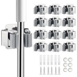 JAMEND CLXP 12PCS Broom and Mop Holder, Heavy Duty Garden Tool Organizer Rack Rake and Shovel Handle, Stainless Steel Mop Hanger. Wall Mounted Utility Rack with Screws, Silver