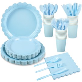 Xiangqu 175 Pcs Light Blue Paper Plates and Napkins, Easter Plates Blue Party Supplies Include Light Blue Scalloped Plates Napkins Cups Plastic Spoons Forks Knives for Baby Shower, Wedding, Birthday | Xiangqu