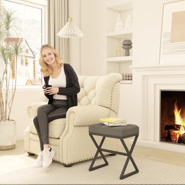 YMYNY Vanity Stool, Linen Footrest, Ottoman Bench with X-Shaped Metal Legs, Makeup Dressing Stool for Vanity, Living Room, Bedroom, Entryway, Hallways 15.74" D×11.81" W×18.11" H Grey UHBD033G