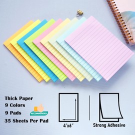 HQCME 9 Pack Lined Sticky Notes 4X6 in Post, 9 Pastel Colors Large Ruled Post Sticky Colorful Super Sticking Power Memo Pads Strong Adhesive, Sticky Notes with Lines Office, Home, 35 Sheets/pad