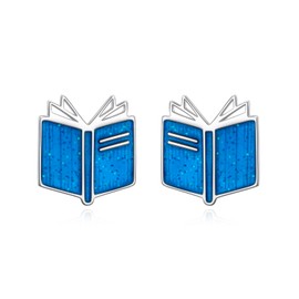 Alphm Book Earrings for Women 925 Sterling Silver Blue Book Stud Earrings Cute Librarian Book Jewelry Present for Librarians Reading Lovers