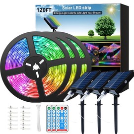 Meewata 120ft Total (3x40ft) - 3 Pack Solar Led Strip Lights Outdoor, 8 Mode with Remote Timer and Auto On/Off, Self-Adhesive Waterproof, Great for Yard, Garden, Stair and Sidewalk Decor, Multicolor