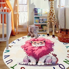 Lacomfy Lion ABC Rug 5Ft Large Circle Kids Carpet Pink Round Alphabet Play Mat for Gilrs Bedroom Classroom Safari Animal Rug for Boys Girls Kids Playroom Nursery Decor, 3D-Sitting