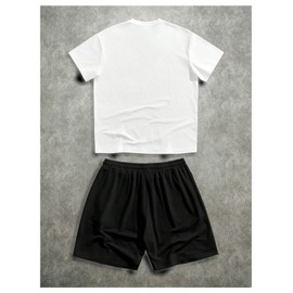 WDIRARA Men's 2 Piece Outfits Letter Graphic Tee Track Shorts Set Streetwear Tracksuit Black and White Large