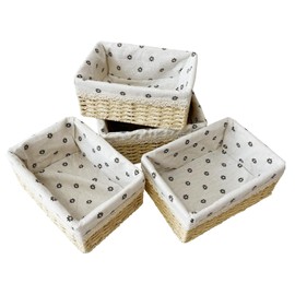 QINGTUHOME 4-Pack Handmade Beige Woven Paper Rope Storage Baskets with Inner Handles & Removable Liners, Rectangular Organizers for Drawers, Shelves & Closets, Decorative Small Storage Bins