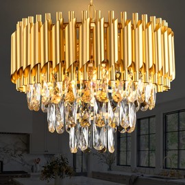 Gold Crystal Chandelier 3-Tier Dining Room Chandelier Light fixtures Modern Chandeliers for Dining Room Small Pendant Light Fixture for Living Room Foyer Kitchen Island Entryway Round 5 Light W15.7”