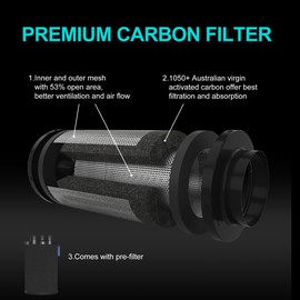 HYDROWE Air Carbon Filter 4 Inch ,Smellines Control Removes 3X More Odors Contaminants. Australian Virgin Charcoal, Carbon Filter for Grow Tent, Hydroponics, Pre-Filter Included (4inch)