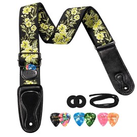 LEKATO LGS-6 Flower Bass Strap, Flower Guitar Strap for Bass, Electric & Acoustic Guitar, 2" Wide Guitar Straps with Leather Ends Artistic Woven Guitar Straps with Pick Holder 2 Safty Strap Locks & 6 Picks:_Yellow