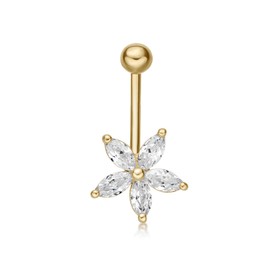 Lavari Jewelers 16 Gauge Marquise Cut Cubic Zirconia Flower Belly Ring for Women in 10k Yellow Gold with 13.5 mm Post Length 16G