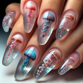 Summer Ocean Press on Nails Medium Almond Colorful Jellyfish Fake Nail with Designs Almond Shape False Nails Glossy Full Cover Stick on Nail Summer Glue on Nails for Women Girls 24 Pcs