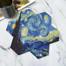 Diamond Painting Coasters with Holder, 7 PCS Hexagon Coaster Van Gogh Starry Night Coaster Diamond Art Kits for Adults Kids, Beginners Full Drill Diamond Art Craft Supplies