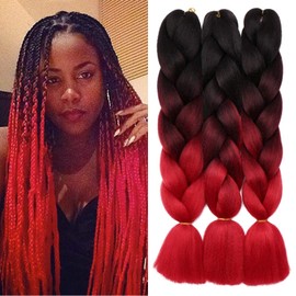 Benehair Ombre Braiding Hair 3 Bundles/lot 24inch Jumbo Braiding Hair Extensions High Temperature Synthetic Braid Hair Braiding Hair Pre Stretched Braid Extensions (Black+Wine Red+Red)
