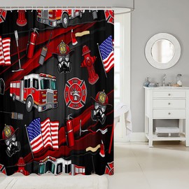 American Flag Shower Curtains,Cartoon Fire Truck Bathroom Curtains for Kids Teen Adult,Fire Fighting Supplies Waterproof Bath Curtains,with 12 Hooks Suits for Bathtub, 72" W x 72" L,Fire Extinguisher