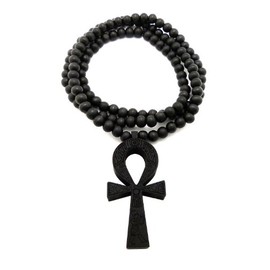 Fashion 21 Egyptian Key of Life Engraved Ankh Pendant 8mm 36" Wooden Bead Necklace (Black)