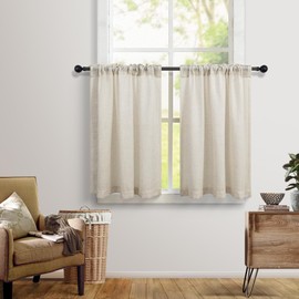 Primitive Kitchen Curtains for Small Windows 30 Inch Length 2 Tier Panels Back Tab Pocket Tan Beige Burlap Colored Cloth Canvas Textured Thick Sheer Linen Cafe Curtain for Bathroom Closet Door 30 Wide